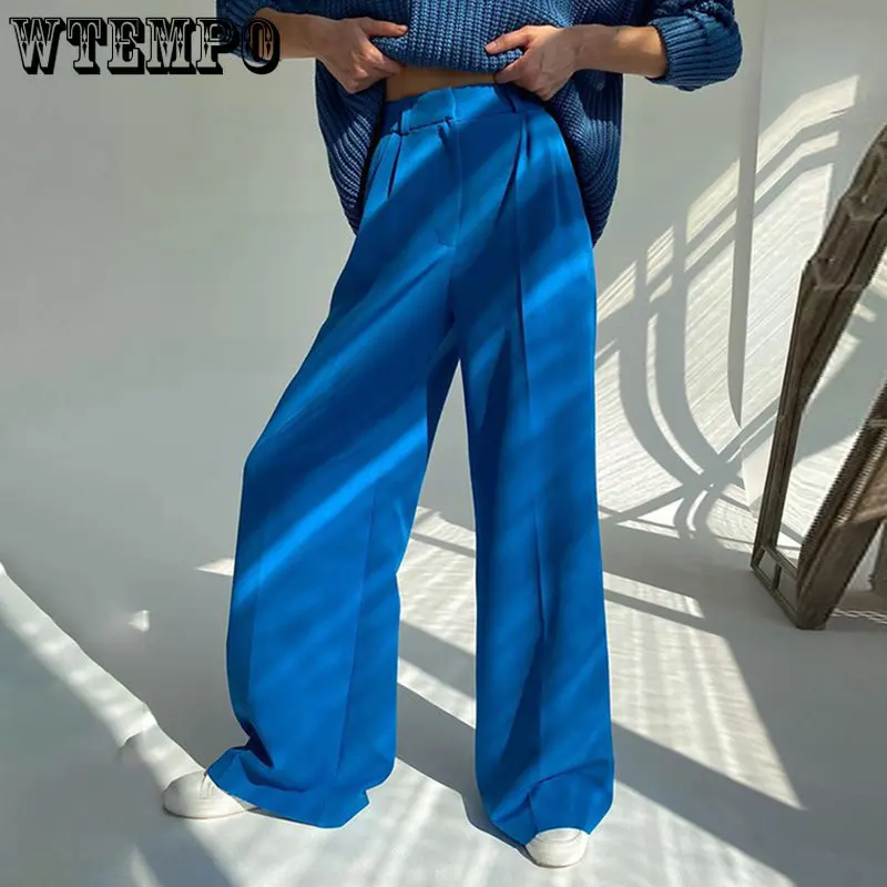 

WTEMPO Blue Office Lady's Pants Fashion New Loose Full Length Ladies Trousers Solid Casual High Waist Wide Leg Pants for Women