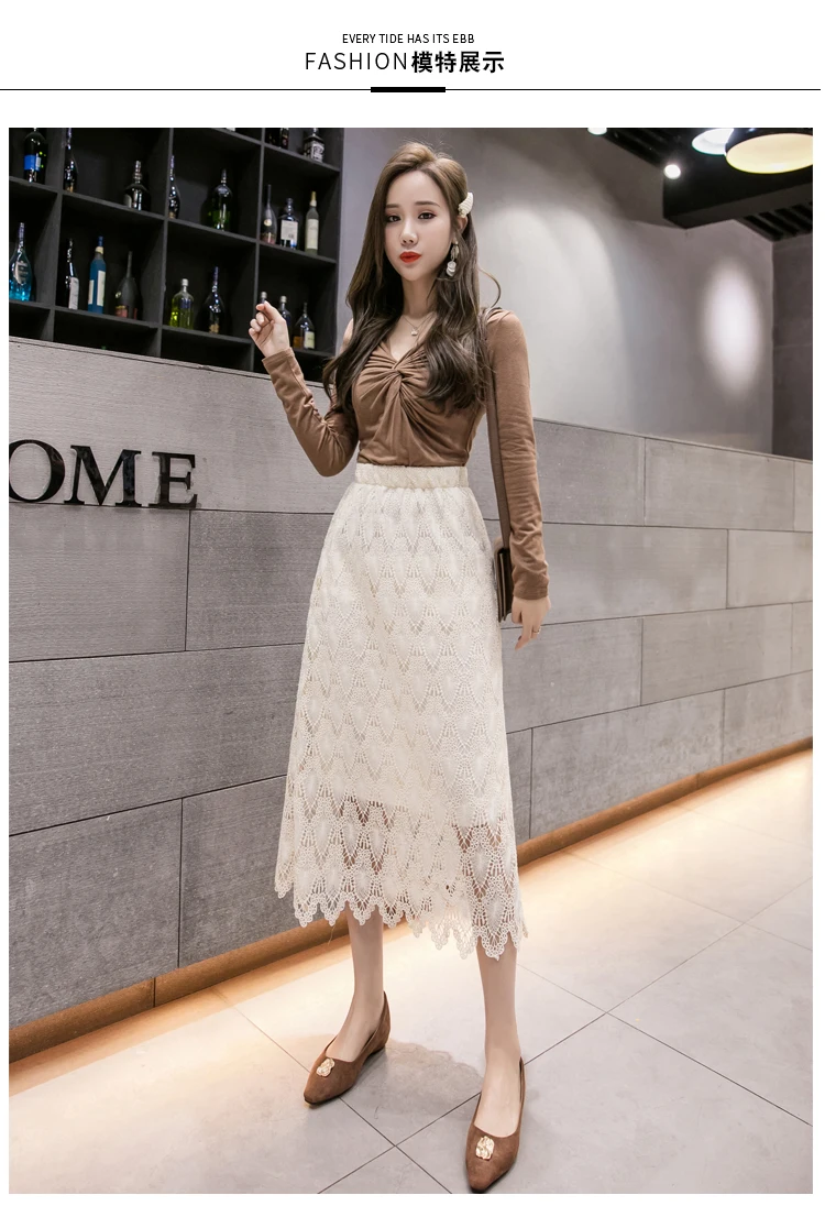 Lace Skirts Womens Korean Fashion Solid Color Elastic High Waist Ladies Skirt Hollow Out 2021Spring Wild Slim Midi Skirts Female crop top and skirt