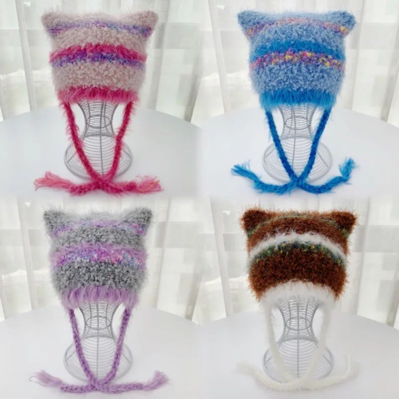 Cat Ear Contrast Stripe Splicing Handmade Colorful Dot Imitation Mink Velvet Hat Cute Little Sister Ear Protection Warm Hat 5