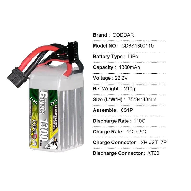 

Литиевая батарея CODDAR 1300MAH 6S 22,2 V 110C