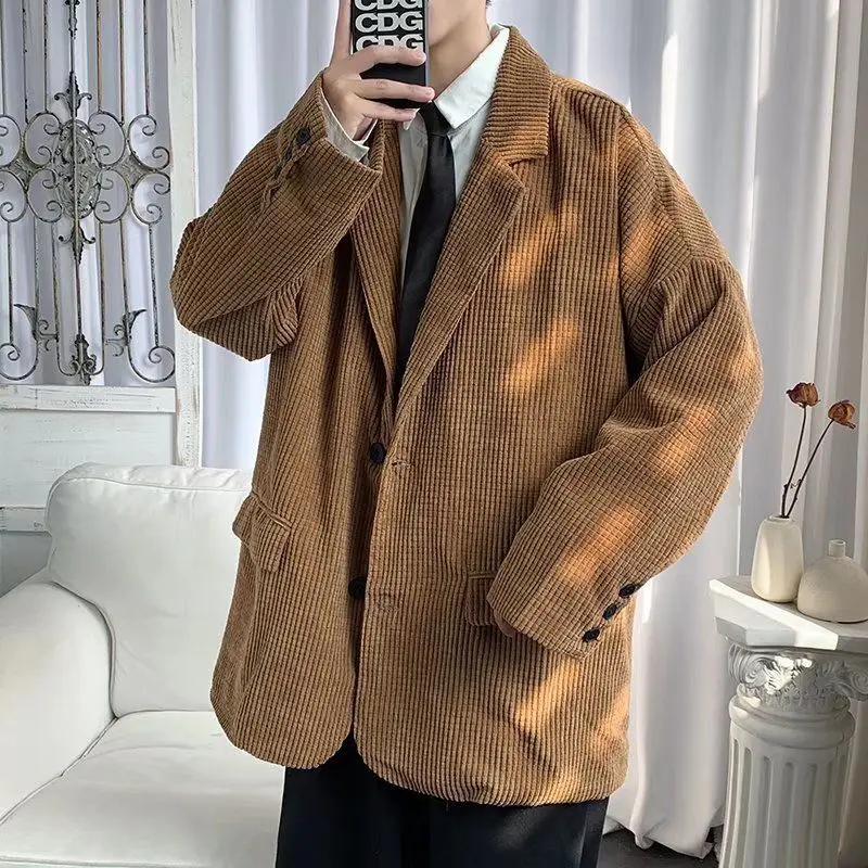 

Khaki Cardigan Jacket for Men New Waffle Pattern Suit Korean Fashion Baggy Coats Plus Size Casual Tops Vintage Y2K Male Clothing