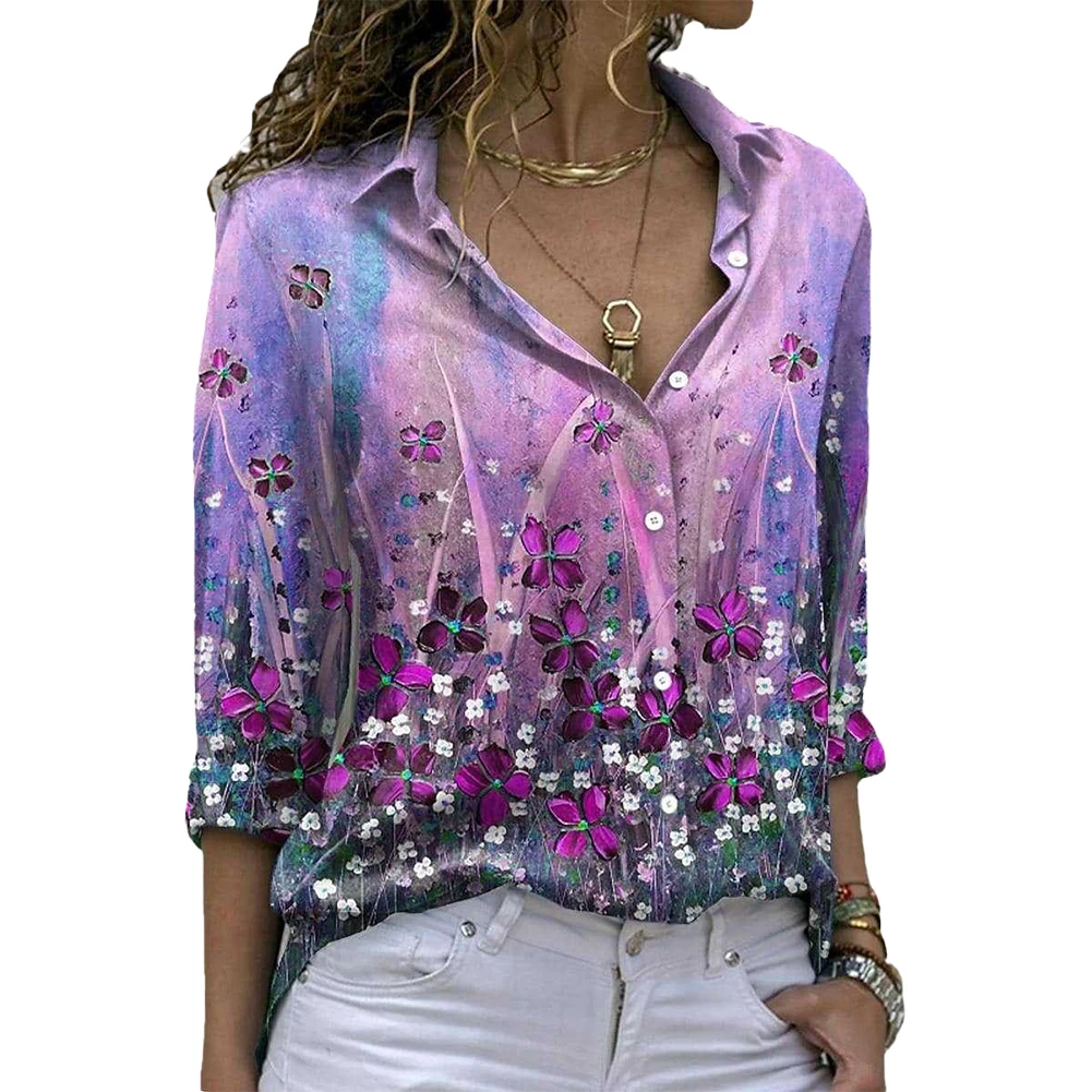 

Blouse Womens Top Elegant Shirt Fashion Flower Print Long Sleeve Loose Plus Size Spring Summer Top High Quality