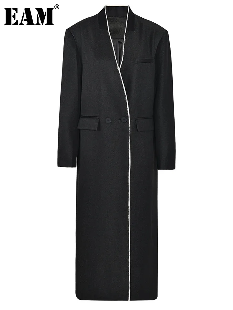 

[EAM] Women Black Burr Big Size Long Elegant Blazer New V-neck Long Sleeve Loose Fit Jacket Fashion Spring Autumn 2024 26D6318