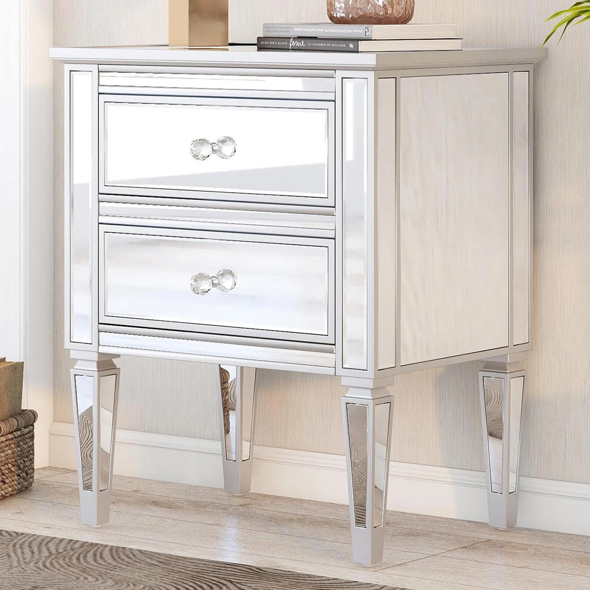 

[Flash Sale]Elegant Mirrored Nightstand with 2 Drawers Modern Silver Finished End Table Side Table for Living Room Bedroom[US-W]