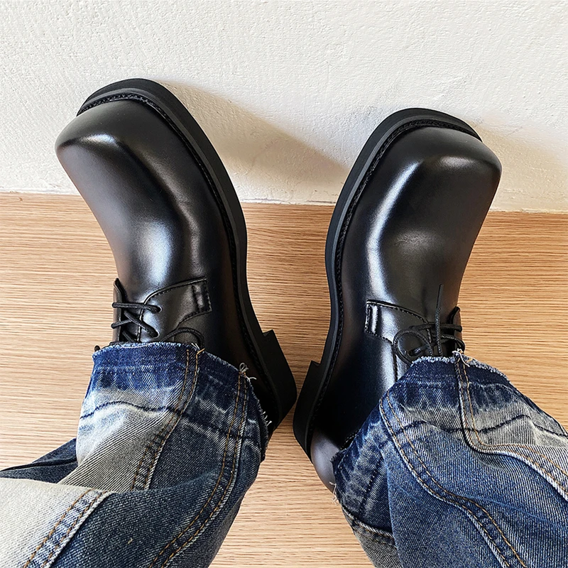 

Handsome Guy Must Get ! Special Warped Head Square Toe Thick-soled Oxfords Ruffian Lazy Concise Derby Shoes Young Men