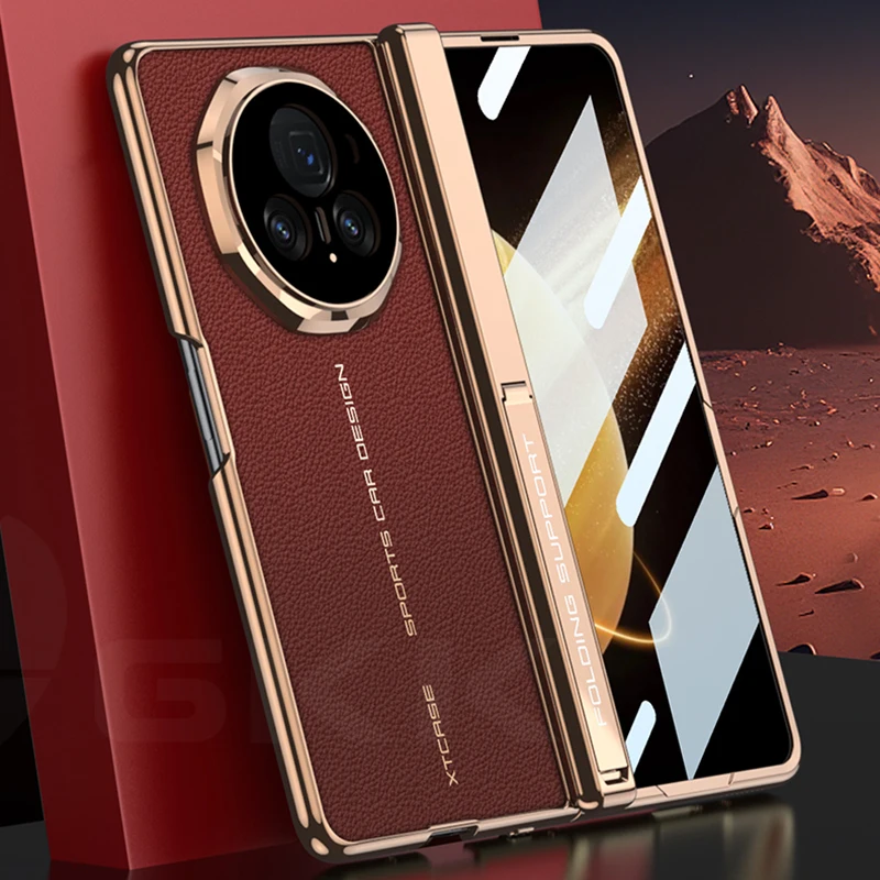 Luxury Plating Leather Screen Glass Case For Honor Magic V3 Magnetic Hinge Brack