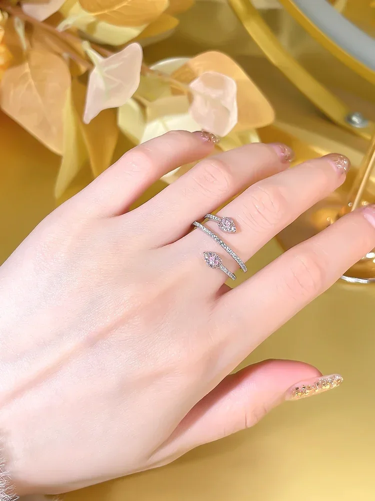 Luxury celebrity pink diamond ring with sweet horse eye s925 sterling silver inlaid high carbon diamond wedding jewelry