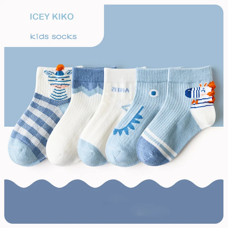 

2022 New 5 Pairs/Lot Striped Cute Cartoon Kids Spring Summer Cotton Mesh Socks Set Child Socks For Girls Boys