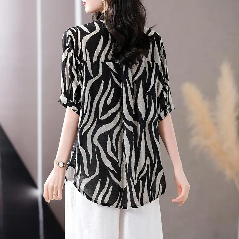 Korean Summer Women's POLO Collar Striped Pockets Diamonds Single Breasted Simplicity Loose Short Sleeve Chiffon Shirt Tops
