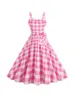 Spaghetti Strap Pink Plaid Dress Women Summer Elegant Vintage 50s Rockabilly Swing Party Dress