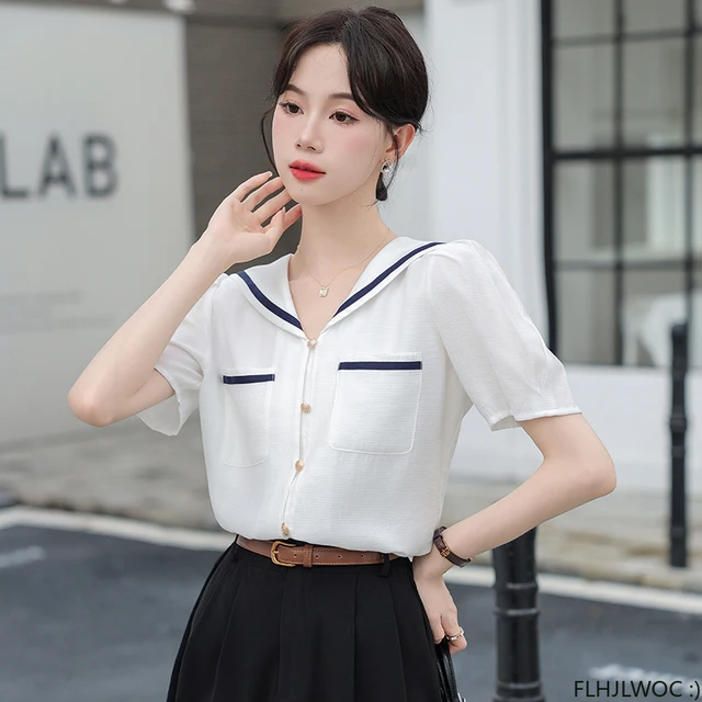Sweet Cute Solid Buttons Peter Pan Collar Tops