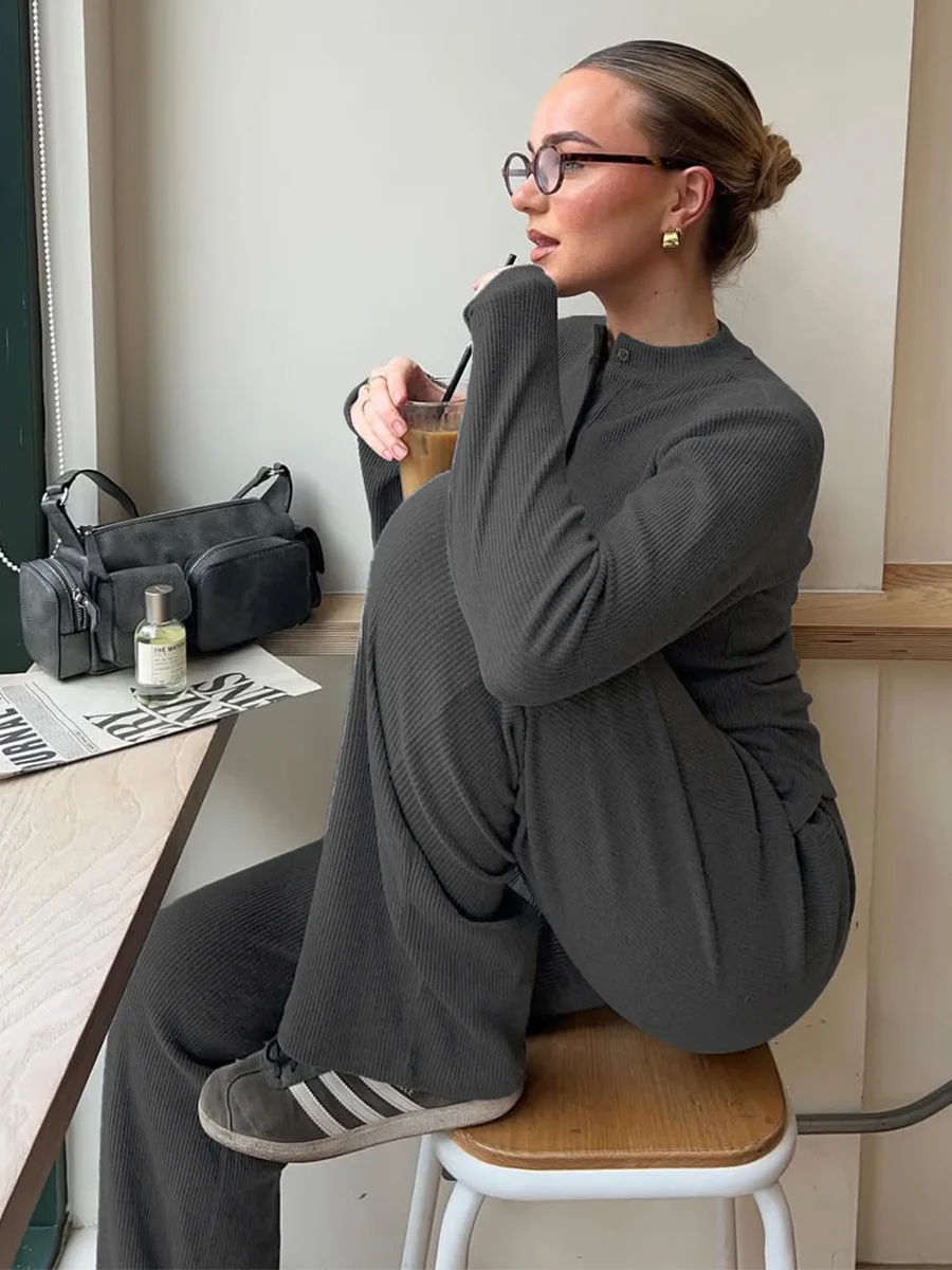 Bornladies Women's Spring New Ribbed Knit Long Sleeve Set Half Turtleneck Buttoned Cardigan & Wide-Leg Pants Two-Piece Outfit