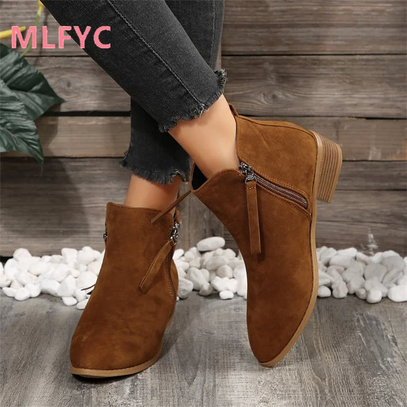 Women's Foreign Trade Women's Shoes New Thick Heel Large Size Women's Boots Low Heel Side Zipper Short Boots mujer