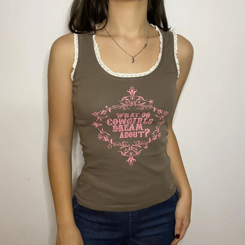 Vintage Lace Trim Tank Top Harajuku Graphic Print Cropped Women Summer