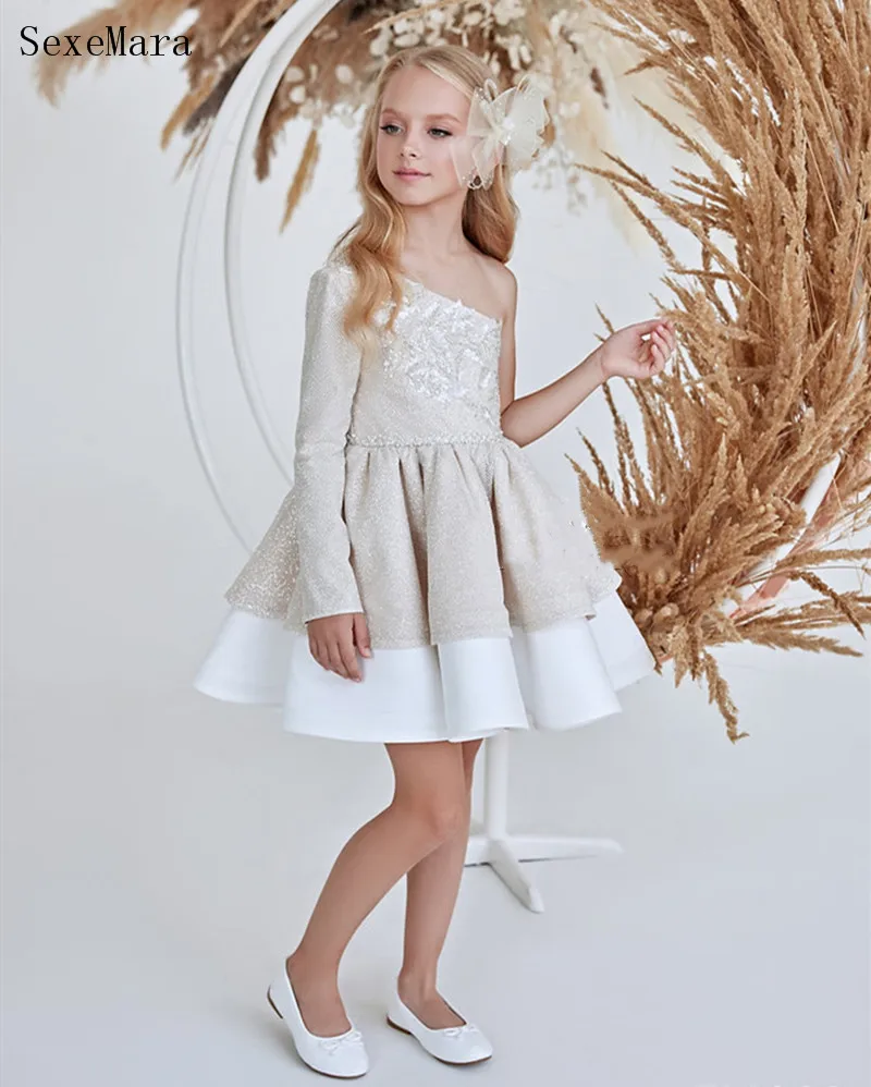 

Glitter Flower Girl Dresses One Shoulder Ball Gown Girl Wedding Party Dresses Girl Communion Dress New
