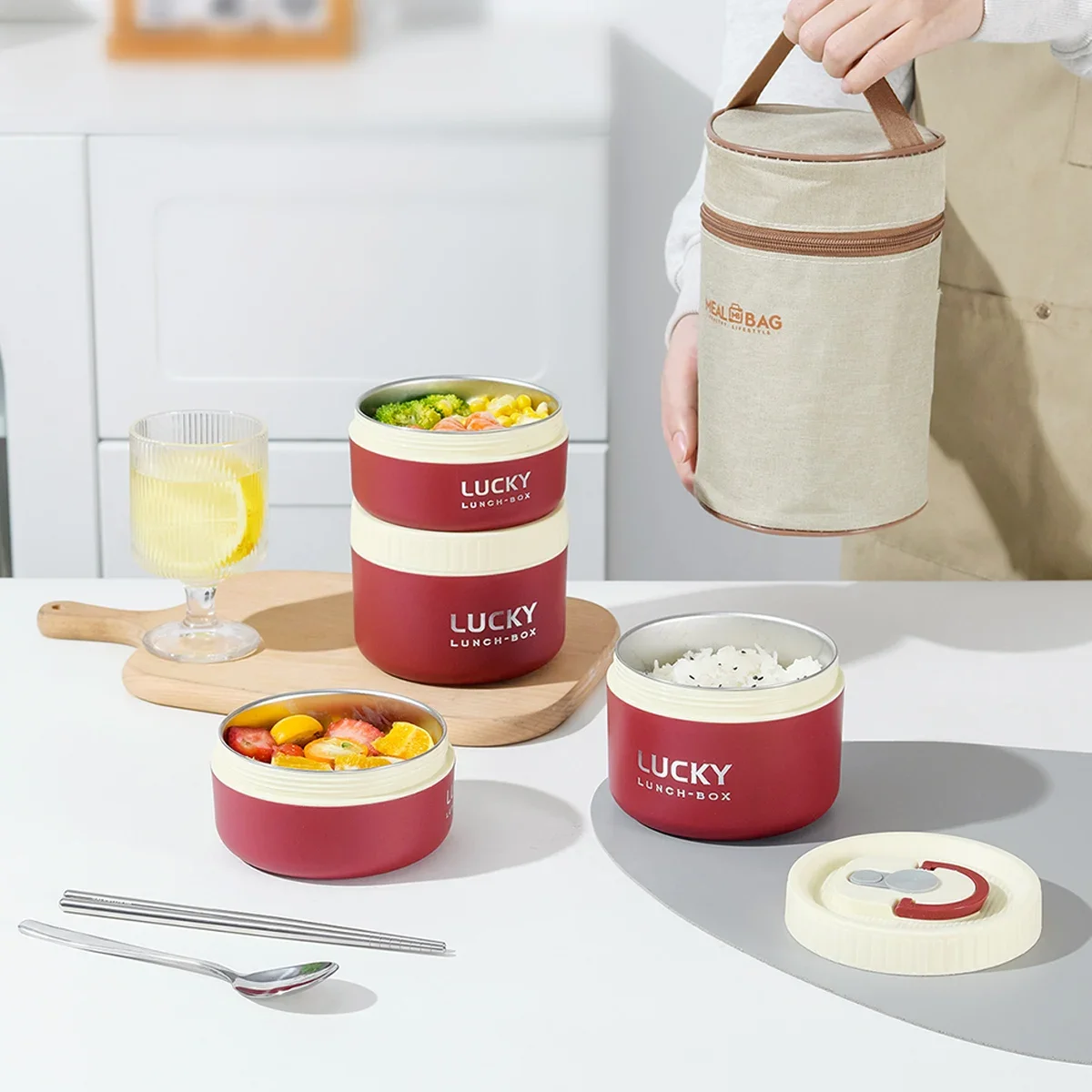 WORTHBUY 304 Stainless Steel Insulated Lunch Box WithThermal Bag&Cutlery Portable Salad Fruit Food Container Microwave Bento Box