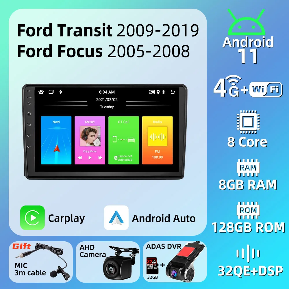 2 Din Android Autoradio Stereo Per Ford Transit 2009-2019 Focus 2005-2008 Schermo Head Unit Autoradio Multimedia Gps Carplay Auto