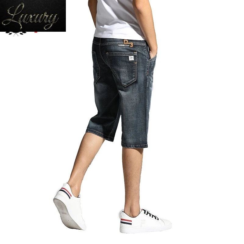 

Men Clothes 2023 's Shorts Knee Length Breeches Hot Capris Male Denim Stretch Jeans Bermuda Black Grey Blue