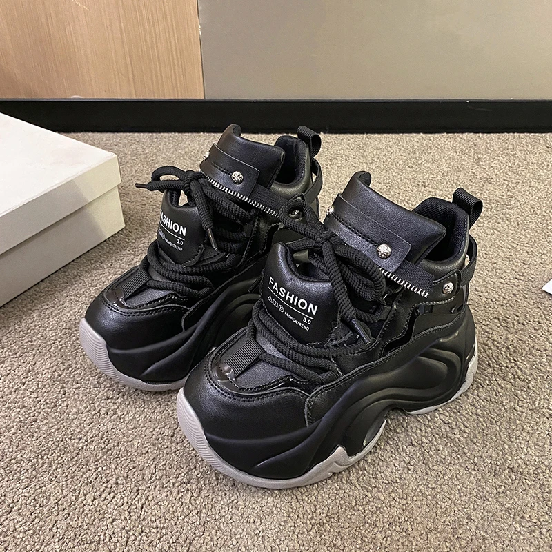 8CM Thick Bottom Chunky Sneakers 2023 New Autumn Women High Platform Sports Shoes Woman Casual Wedges Leather Dad Shoes Footwear