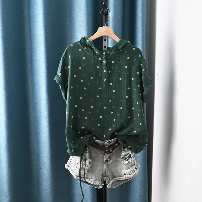 

Vintage Printed Cotton Linen Women Shirts Summer 2023 Hooded Loose Slim Straight Casual All Match Female Pulls Tops Tees