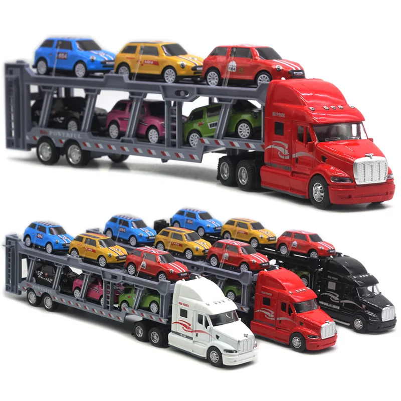 1:48 35CM Alloy American Big Truck with 6PCS Mini Metal Alloy Diecast Car Model 1:64 Scale Toys Vehicles Carrier Truck For Kids jada 1 24 scale metal alloy for ford escort fast 8 car model diecast vehicles toys for colletion