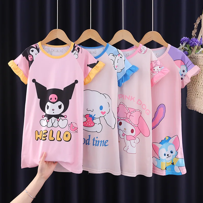 

Anime Sanrio Cinnamoroll Children Pajamas Kuromi Kawaii Nightgown Cute Nightdress Short-sleeve Sleepwear Dress Girl Gift