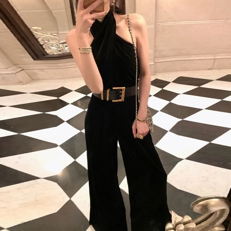 New Arrival French Style Jumpsuit in Black Velvet with Hanging Neck for Women in Spring 2024