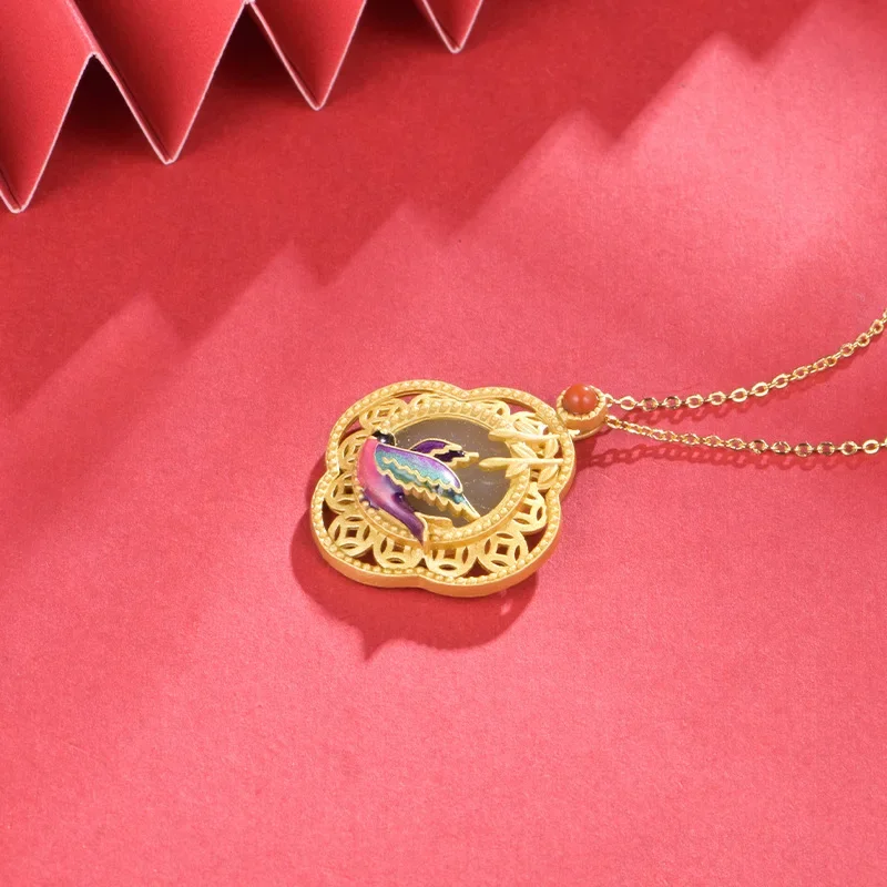 Chinese Style 925 Silver Gold-plated Hollow Out Natural Hotan Jade Colorful Swallow Pendant for Women Party Gift Without Chain