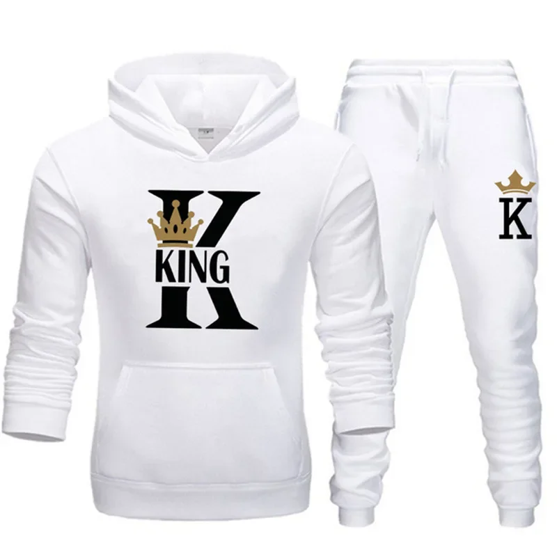 Autumn and Winter Men and Women Hooded Hoodie Set KING QUEEN Loose Hooded Printed Couple Suit Sportswear Sports Suit