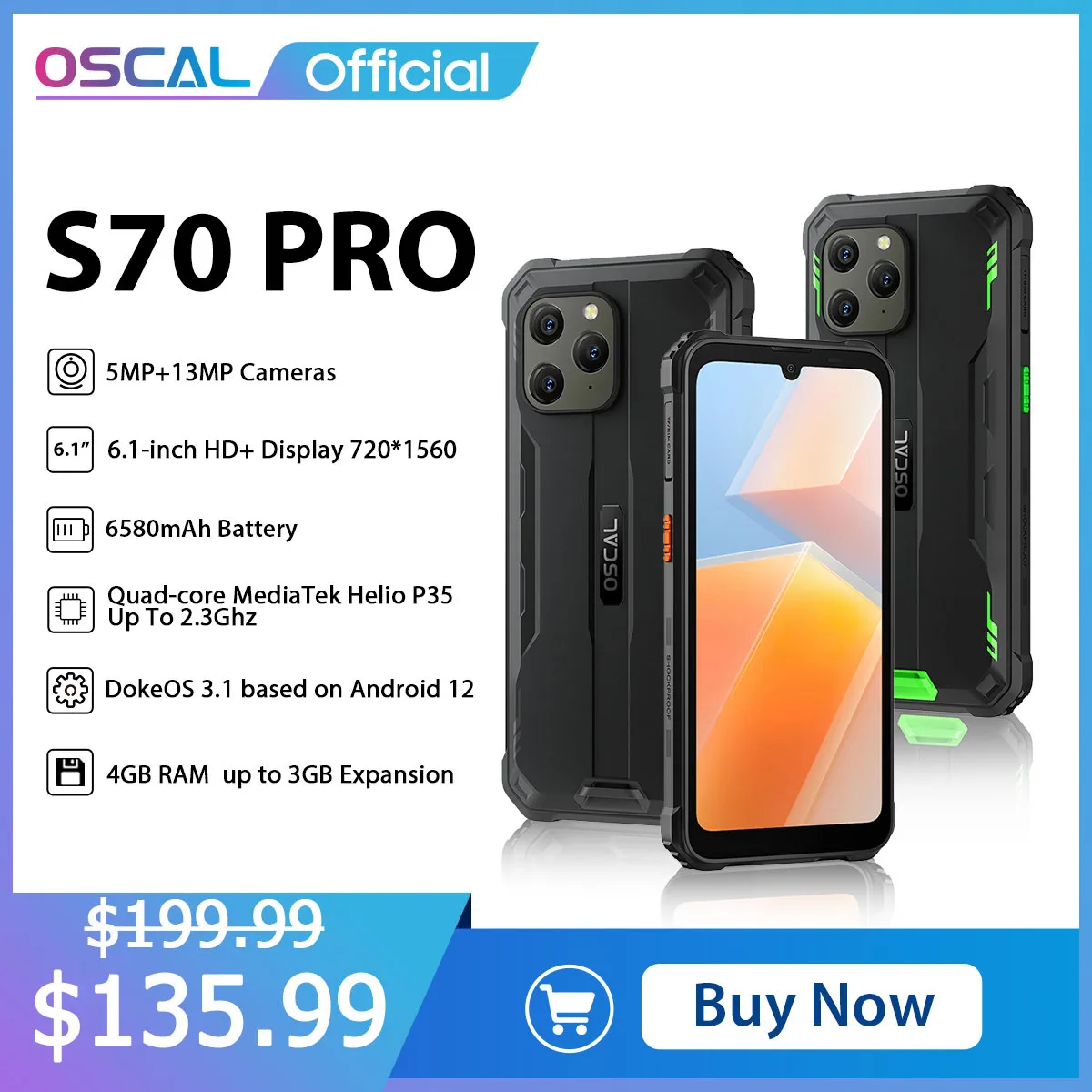 Oscal S70 Pro Rugged Phone Android 12 Smartphone Ip68 Impermeabile 4Gb + 64Gb 6580Mah Helio P35 6.1 Pollici 4G Cellulare Celular