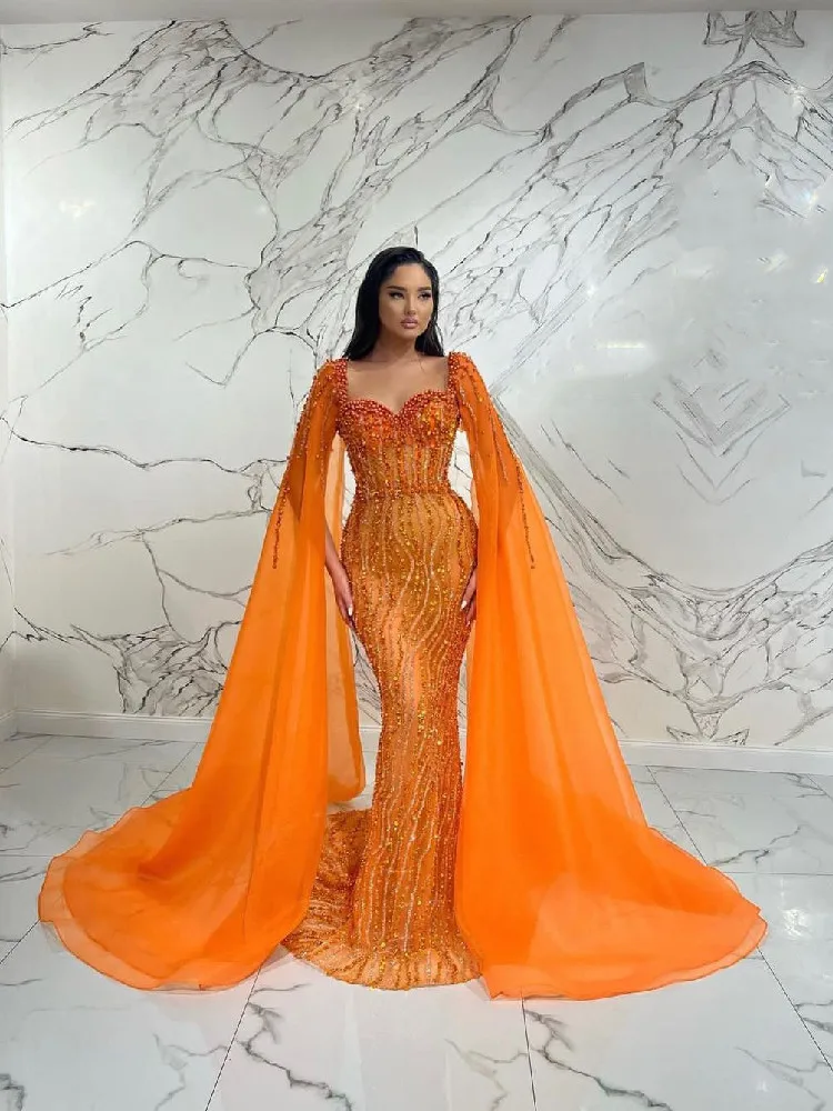 

Orange Evening Dresses V Neck Sleeveless Capes Straps Sequins Beaded Pearls 3D Lace Appliques Celebrity Prom Dresses Custom Made