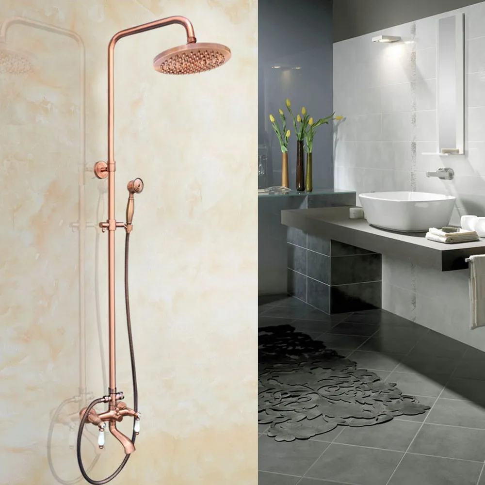 

Antique Red Copper Shower Faucets Set 8'' Rainfall Shower Head Dual Handle Mixer Tap Swivel Tub Spout Bath Shower zrg573