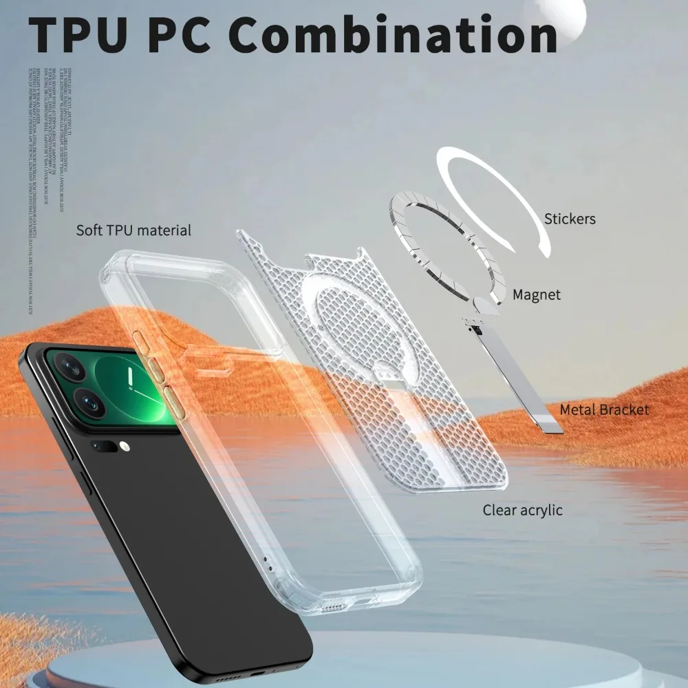 Clear PC Magnetic Case with Hidden Kickstand and Cooling Heat Dissipation - Shockproof Cover