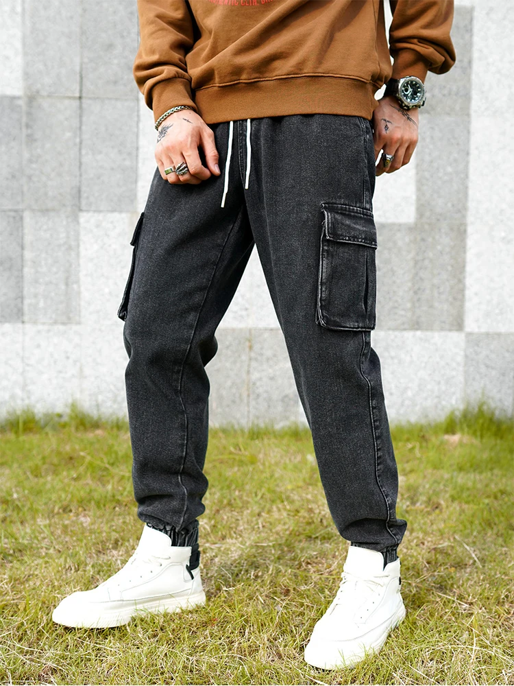 Men's dark gray cargo pants, fashionable street cuffed - bottom cargo pants, minimalist trendy men's jeans 6