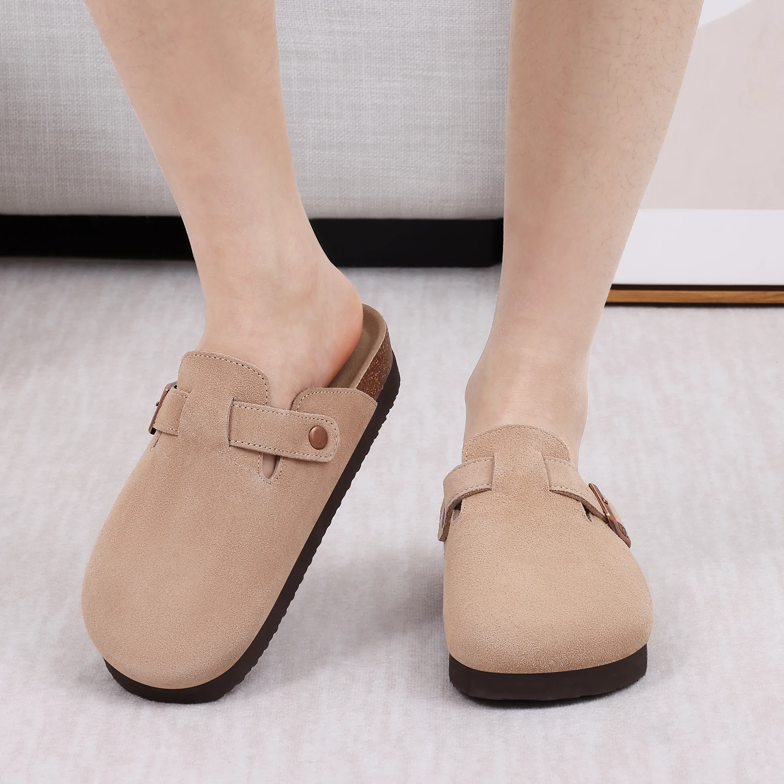 Women's Leather Mules Suede Clogs With Adjustable Strap Cork Sole_voghion.com