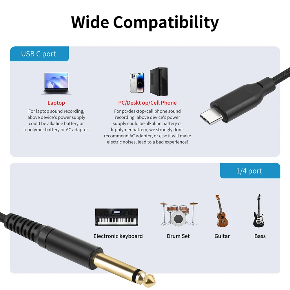 1/2/3M USB C  6.35mm 1/4 TS  ׷ ̺  C  6.35mm Aux  ڵ  C  6.35mm 1/4 ġ TS Ÿ  ̺
