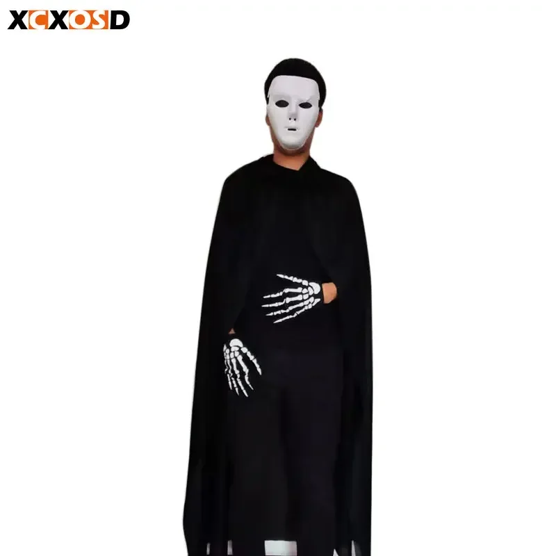 XCXOSD Halloween Party Suit Adult Death Black Single-layer Ghost Cloak Costume Props Mask Gloves Sickle Decoration