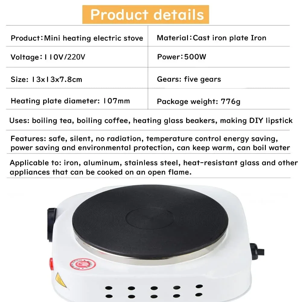 110V 500W Electric Tea Warmer Stove Portable Cast Iron Hot Plate for Cooking Mini Adjustable Temperatur Heating Burner