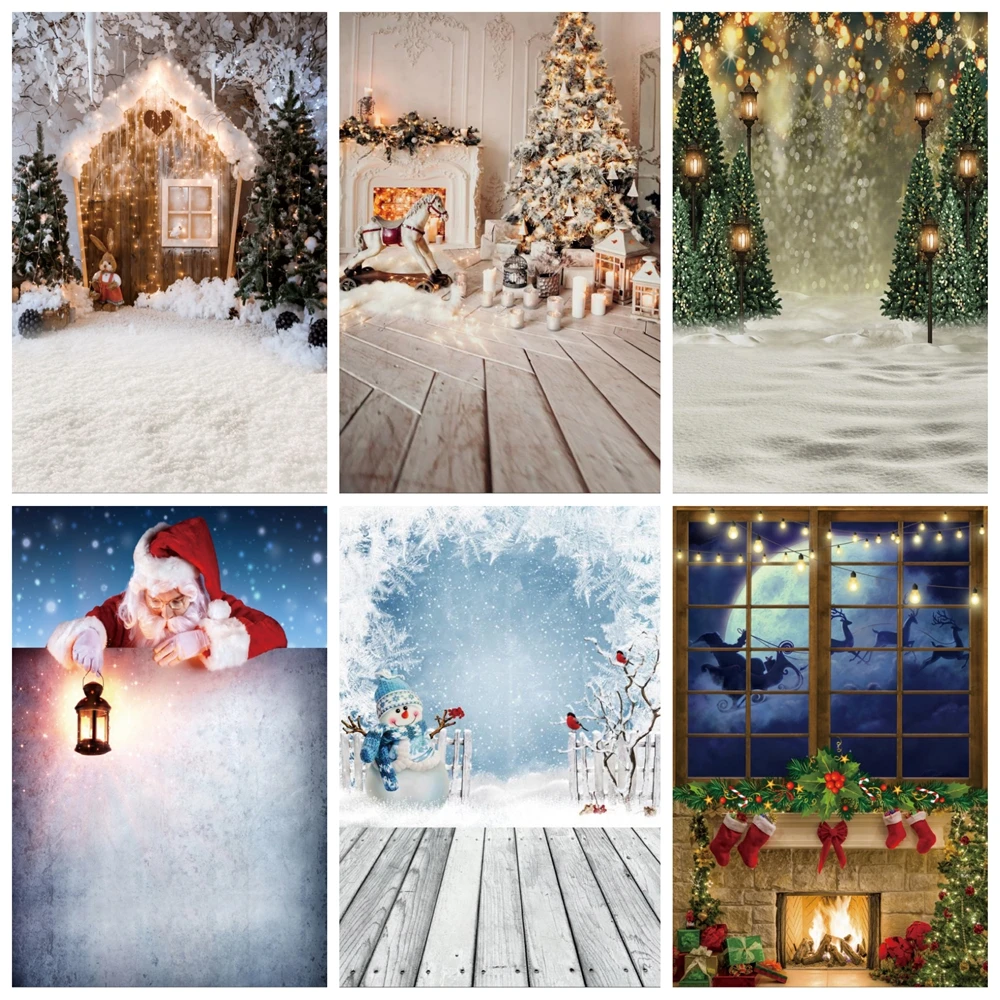 Christmas Photography Background Forest Trees Window Xmas Trees Fireplace Family Portrait Decor Backdrop For Photo Studio