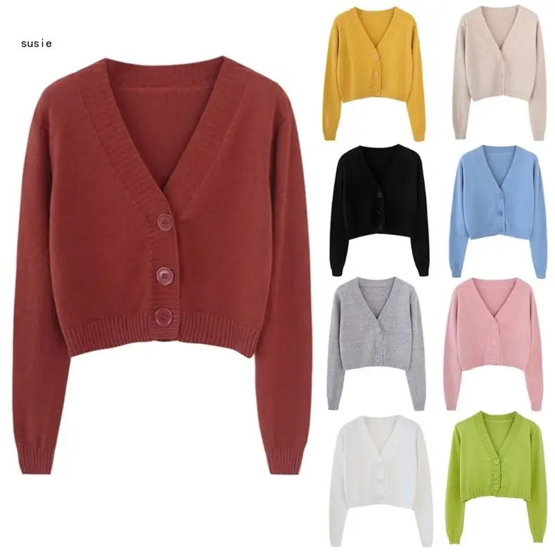 

X7YA Women Long Sleeve Sweater Cardigan Sexy V-Neck Button Down Cropped for Jacket Sweet Solid Candy Color Loose Knitted Coat
