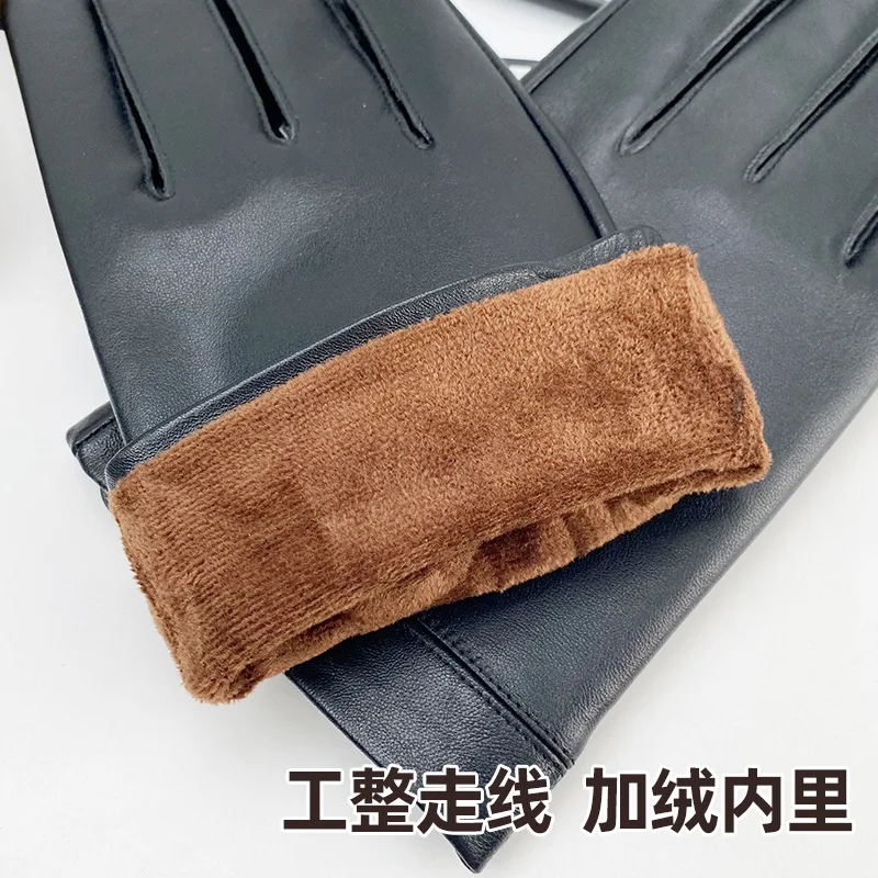 Genuine Sheepskin Leather Gloves Men Full Finger Winter Warm Touchscreen Texting Driving Motorcycle Fleece Business Black Gloves 3