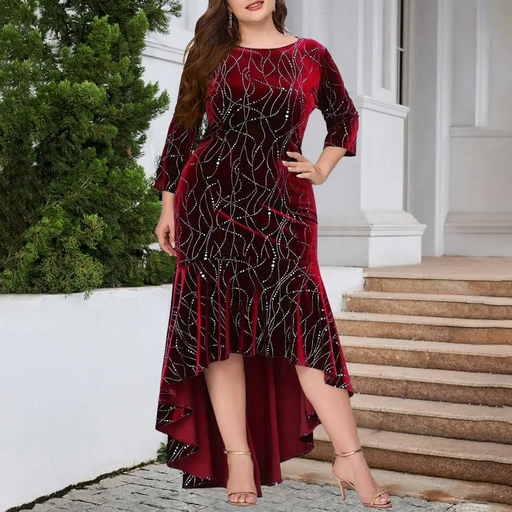 

Женское платье макси с круглым вырезом, элегантное блестящее платье с завышенной талией и необычным подолом для выпускного вечера