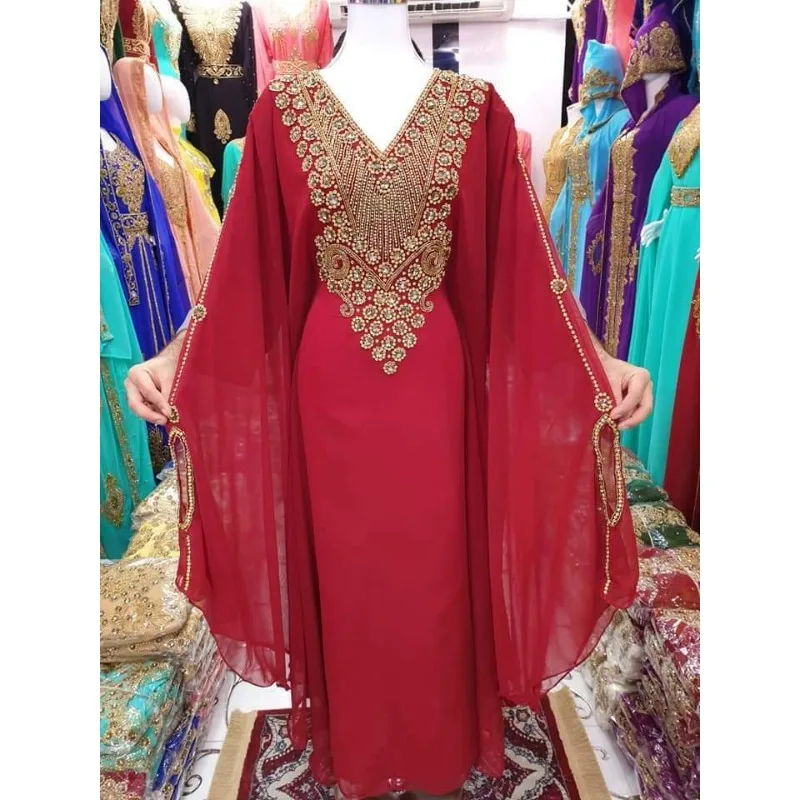 Rosso Marocchino Dubai Caftani Farasha Abaya Vestito Molto Fantasia Abito Lungo Tendenze Della Moda