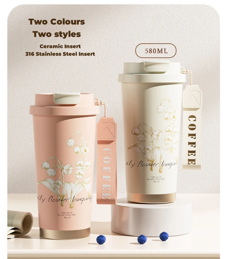 High Grade Elegant Flower Ceramic Liner 316 Stainless Steel Bell Orchid Coffee Mug Hot Cold Thermal Mug Gift Leather Sleeve