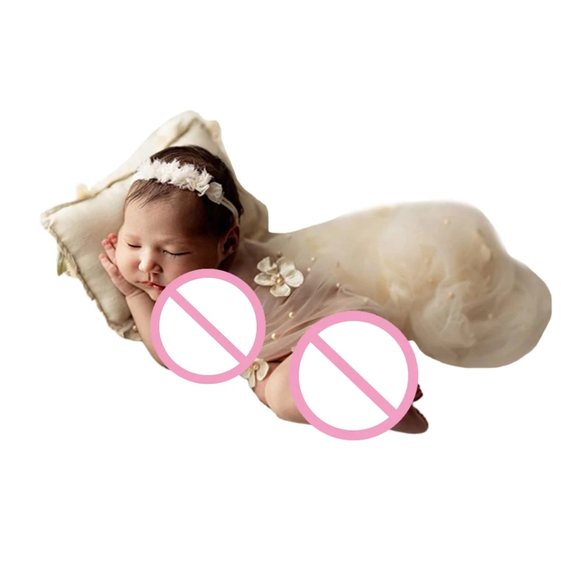 

67JC Wrap Blanket for Baby Photography Props Pillow Tulle Mesh Flower Headband Newborn Photo Posing Props Photo Accessories