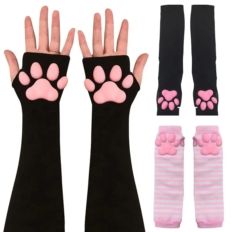 Punk Gothic Gloves Cute Cat Paw Fingerless Mittens Winter Warmer Arm
