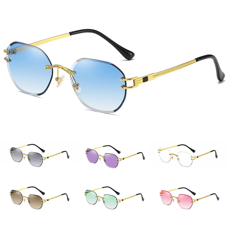 Gafas de sol sin montura para hombre y mujer, de sol de Metal dorado corte de diamante, degradado, azul, marrón, negro| | - AliExpress