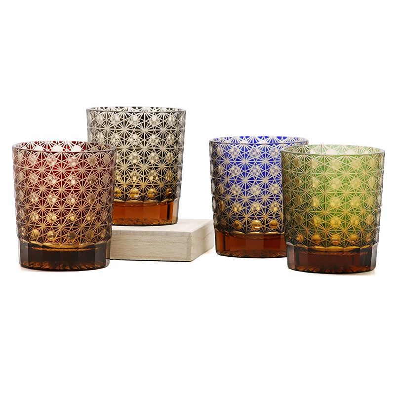 8.5 oz Classical Edo Kiriko Colored Crystal Whisky Tumbler Hand Cut To Clear Bar ware Glasses