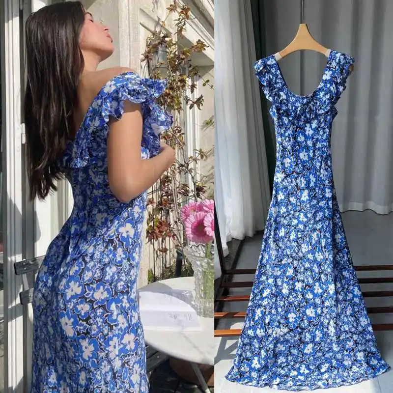 

Summer Dress Blue Printed Silk Sleeveless Vintage Dress Women Dress