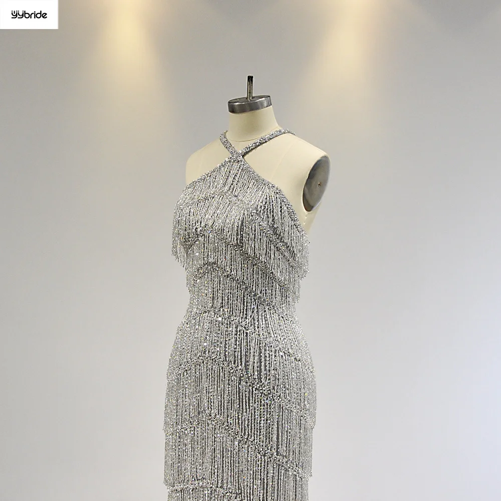 YYbride Newest Full Crystals Tassels Beading Work Halter Neck Sexy Backless Silver Cocktail Dresses Vestidos De Mujer Elegantes
